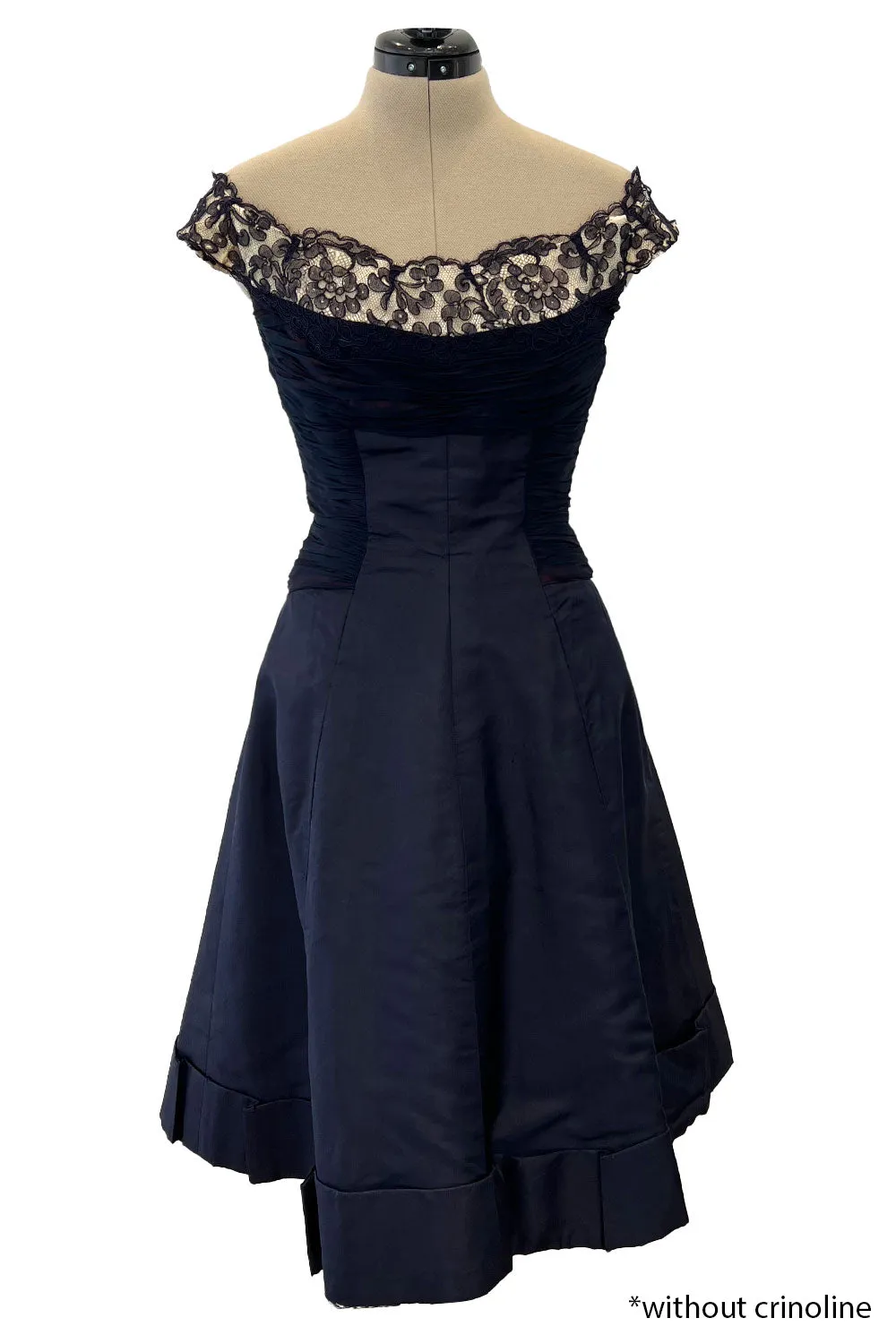 Elegant 1950s Jobere New York Deep Blue Silk & Silk Chiffon Dress w Lace Detailing