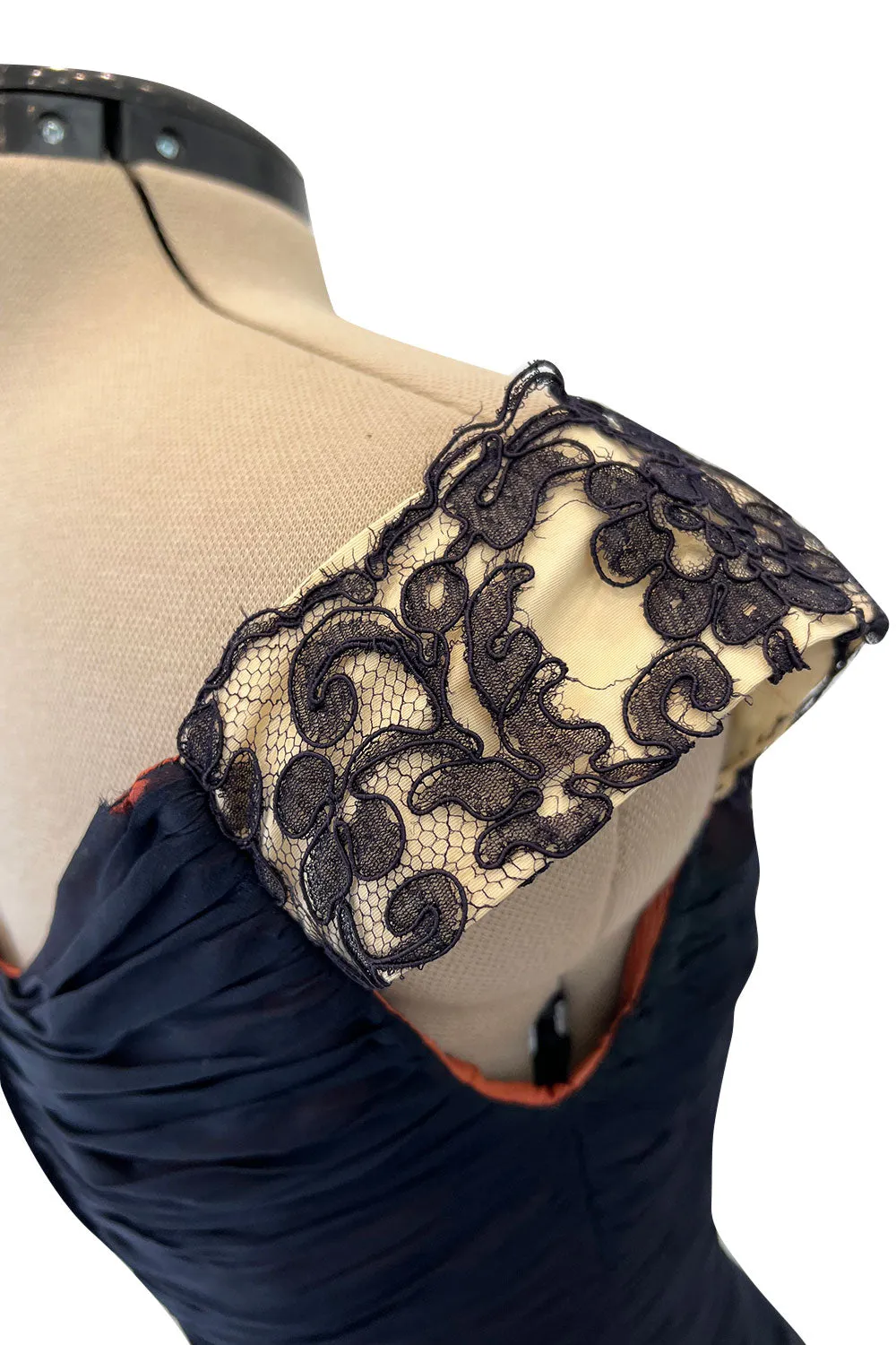 Elegant 1950s Jobere New York Deep Blue Silk & Silk Chiffon Dress w Lace Detailing