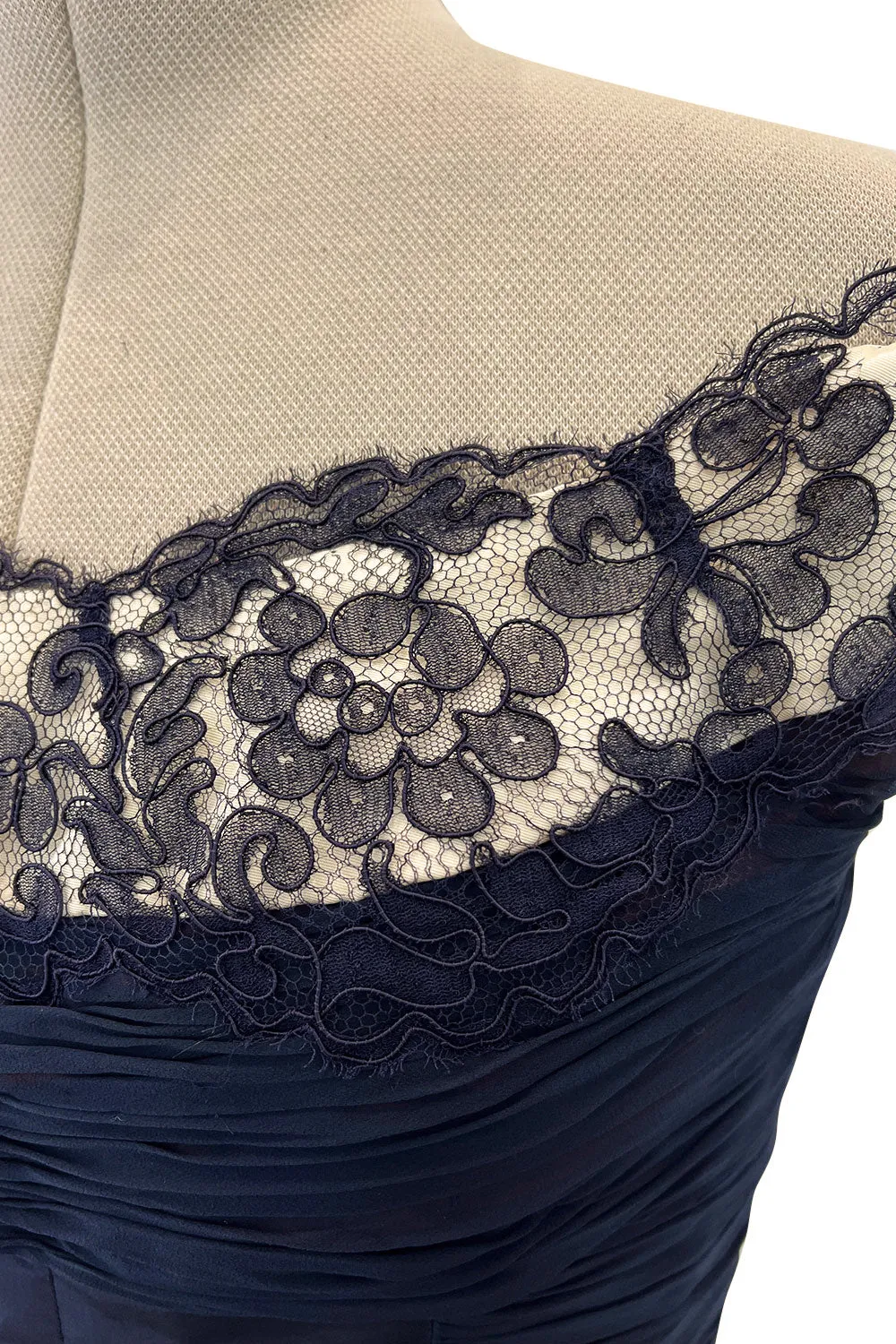 Elegant 1950s Jobere New York Deep Blue Silk & Silk Chiffon Dress w Lace Detailing