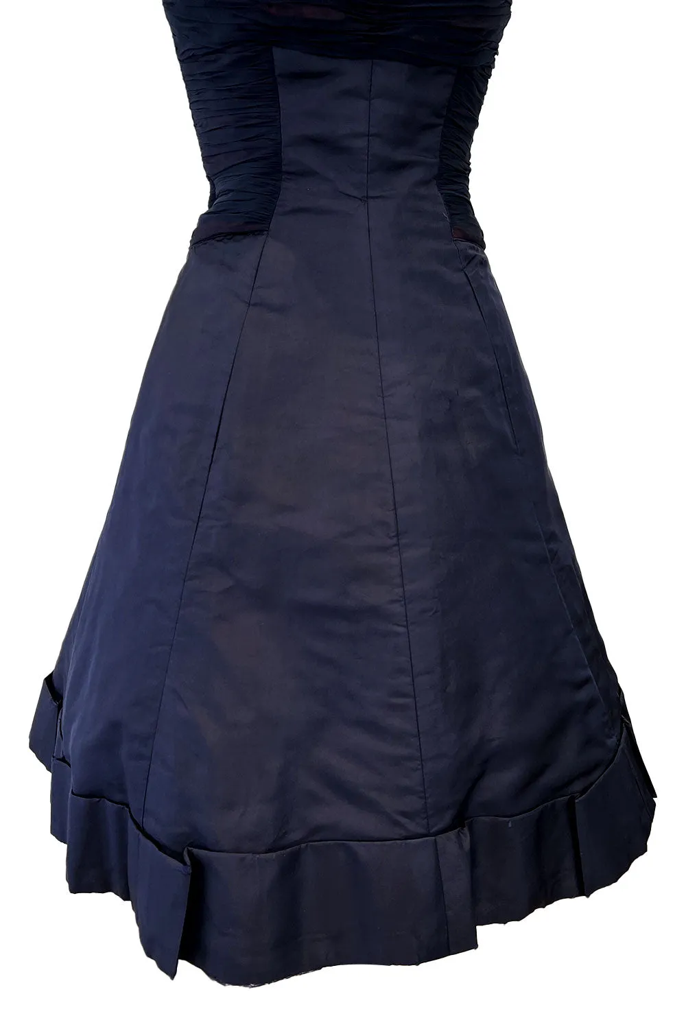 Elegant 1950s Jobere New York Deep Blue Silk & Silk Chiffon Dress w Lace Detailing