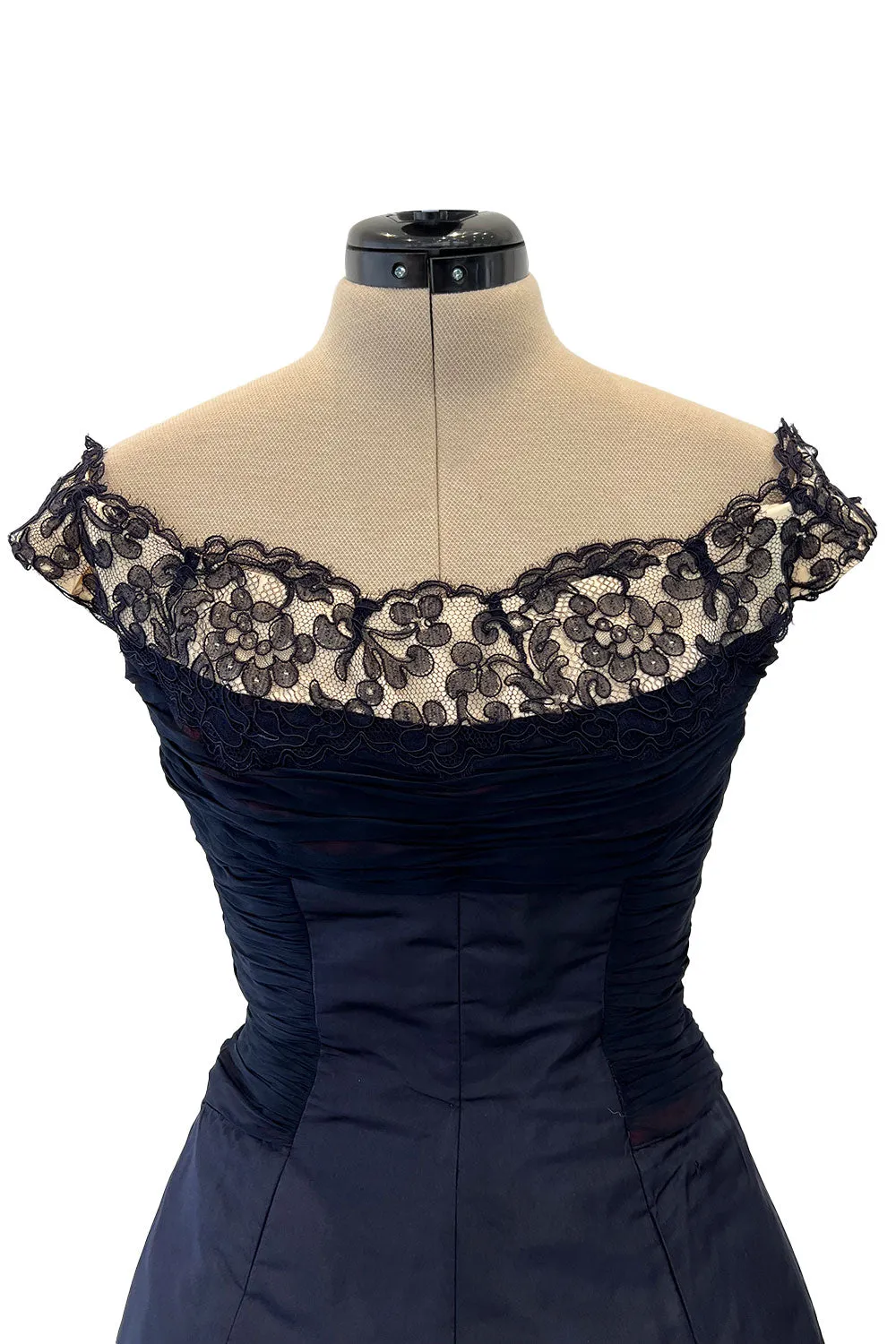 Elegant 1950s Jobere New York Deep Blue Silk & Silk Chiffon Dress w Lace Detailing