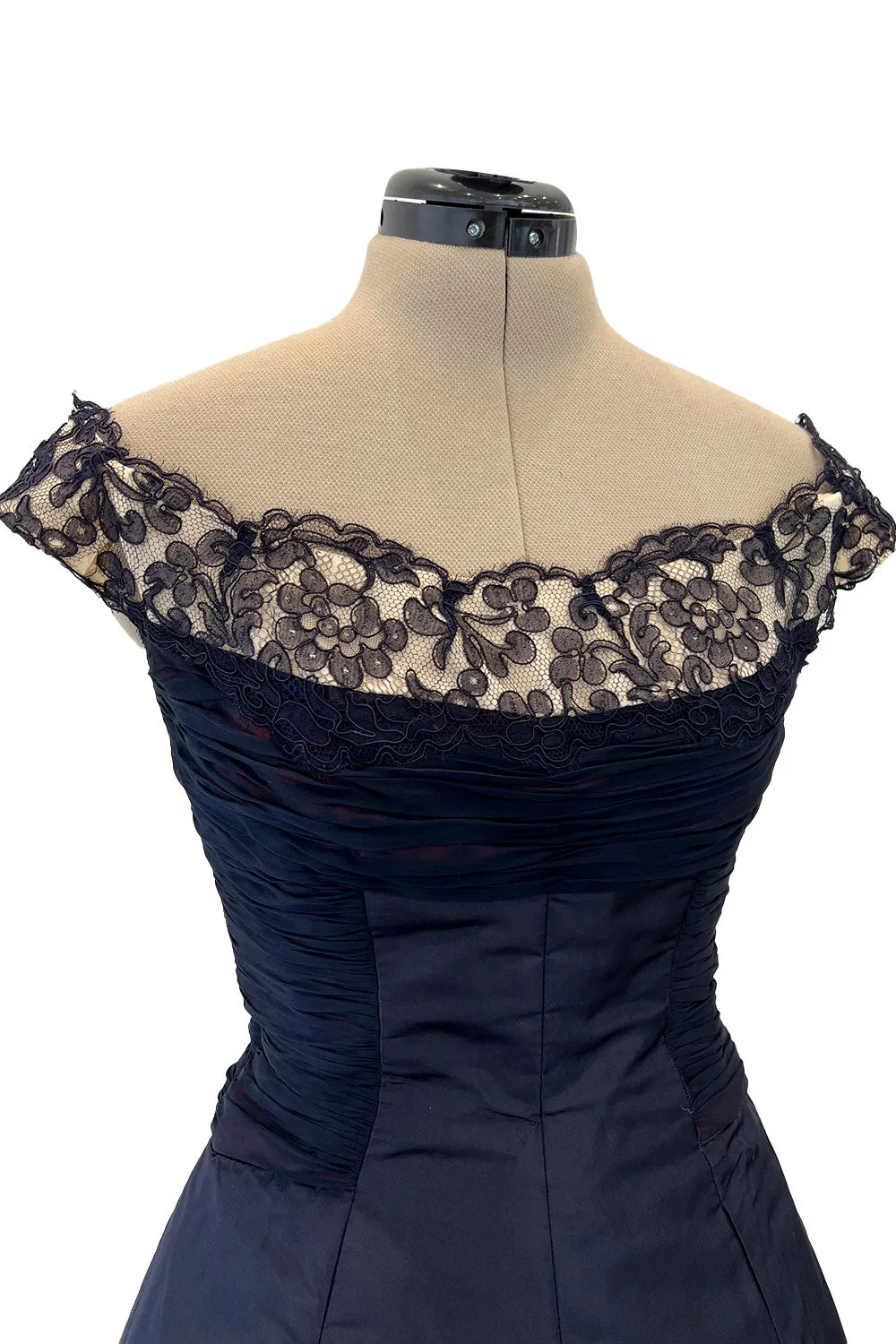 Elegant 1950s Jobere New York Deep Blue Silk & Silk Chiffon Dress w Lace Detailing
