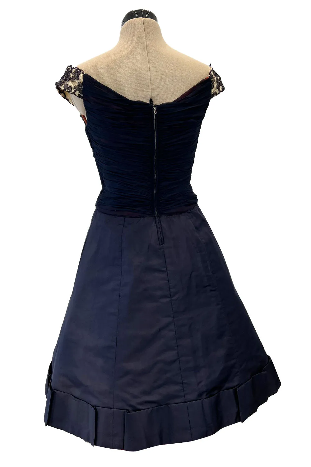 Elegant 1950s Jobere New York Deep Blue Silk & Silk Chiffon Dress w Lace Detailing