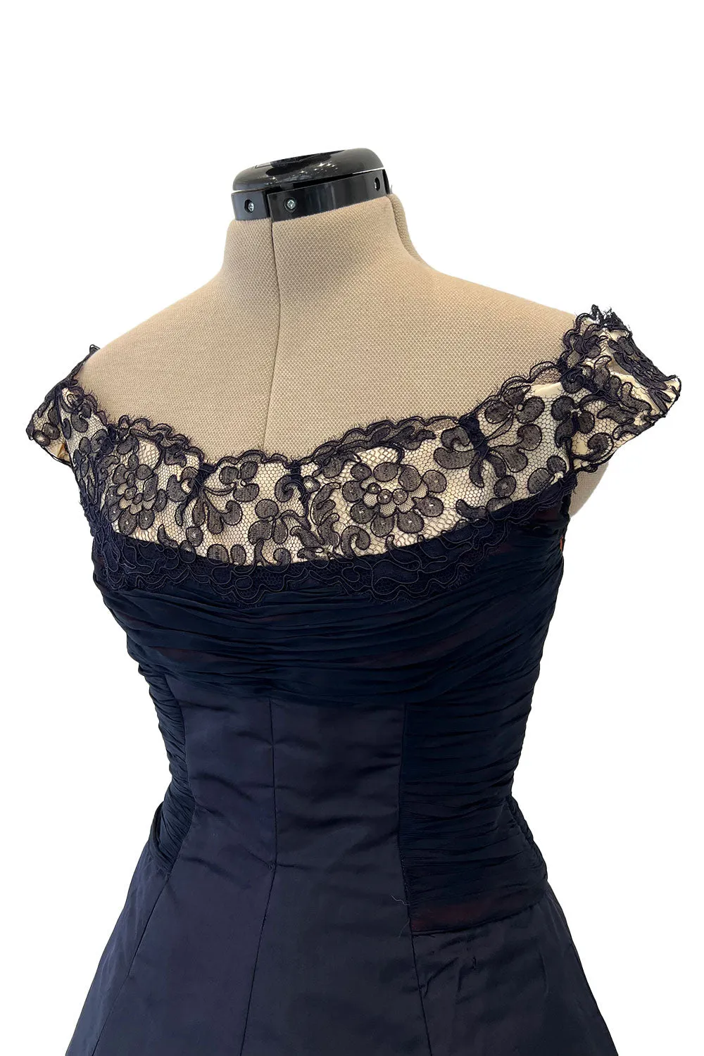 Elegant 1950s Jobere New York Deep Blue Silk & Silk Chiffon Dress w Lace Detailing