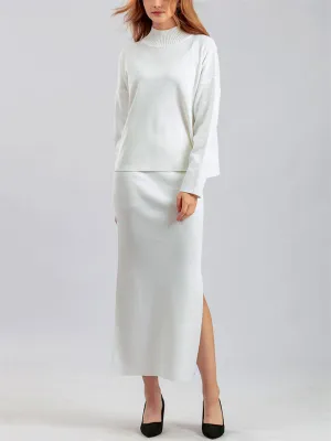 Elegant Crew Neck Knitted Sweater   Side Slit Skirt