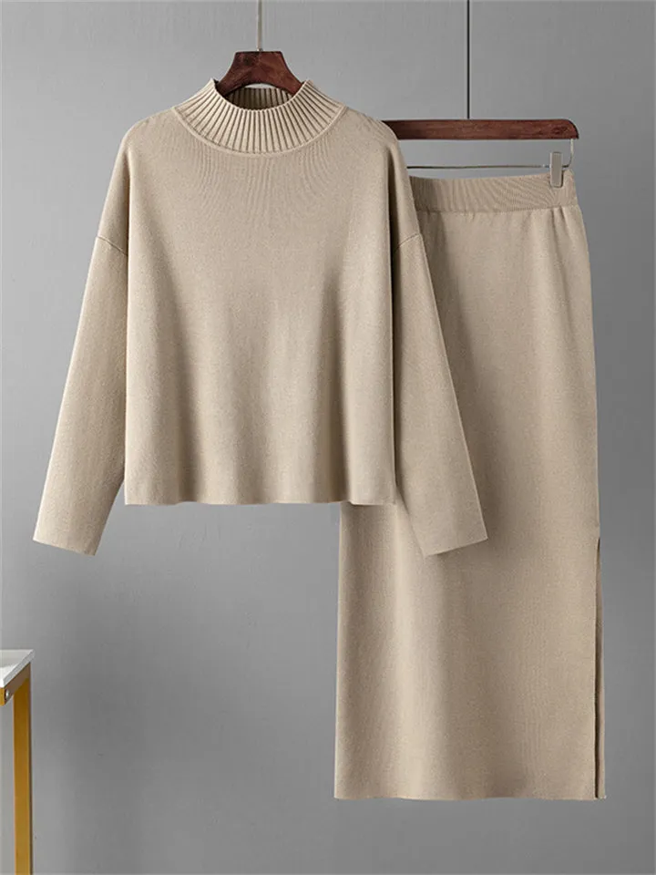 Elegant Crew Neck Knitted Sweater   Side Slit Skirt