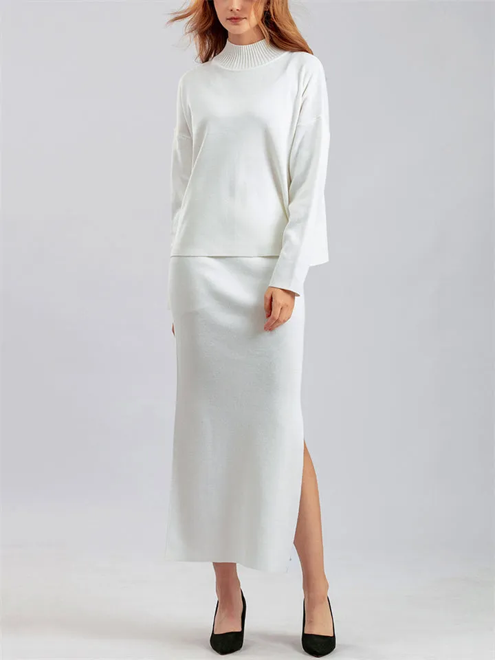 Elegant Crew Neck Knitted Sweater   Side Slit Skirt