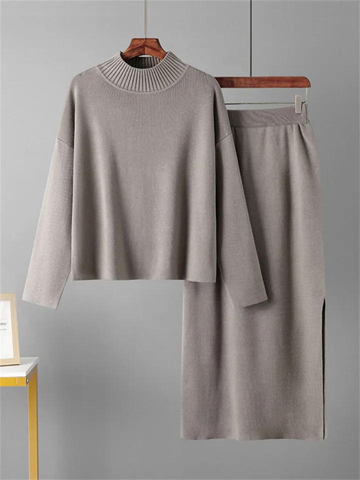 Elegant Crew Neck Knitted Sweater   Side Slit Skirt