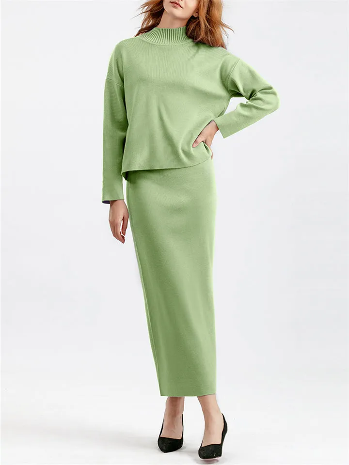 Elegant Crew Neck Knitted Sweater   Side Slit Skirt