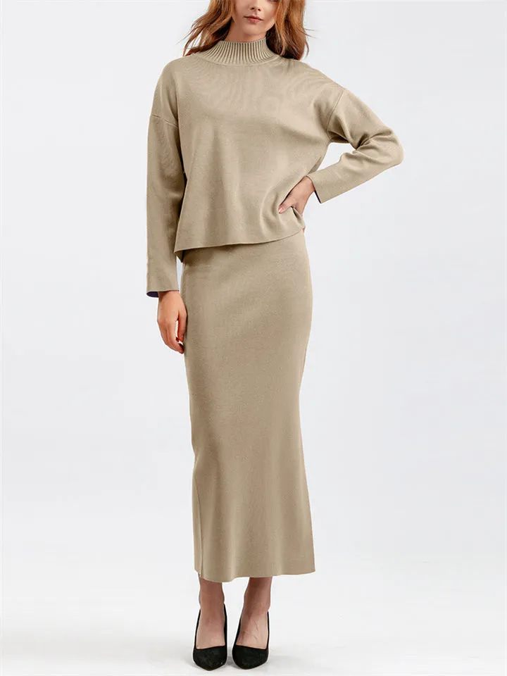 Elegant Crew Neck Knitted Sweater   Side Slit Skirt