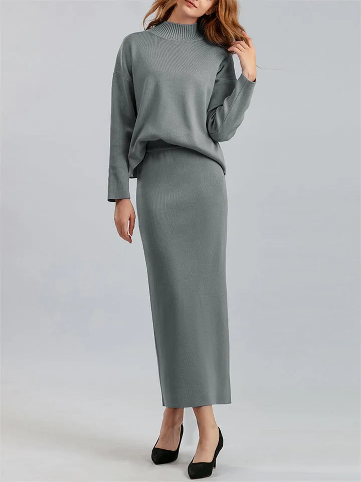 Elegant Crew Neck Knitted Sweater   Side Slit Skirt