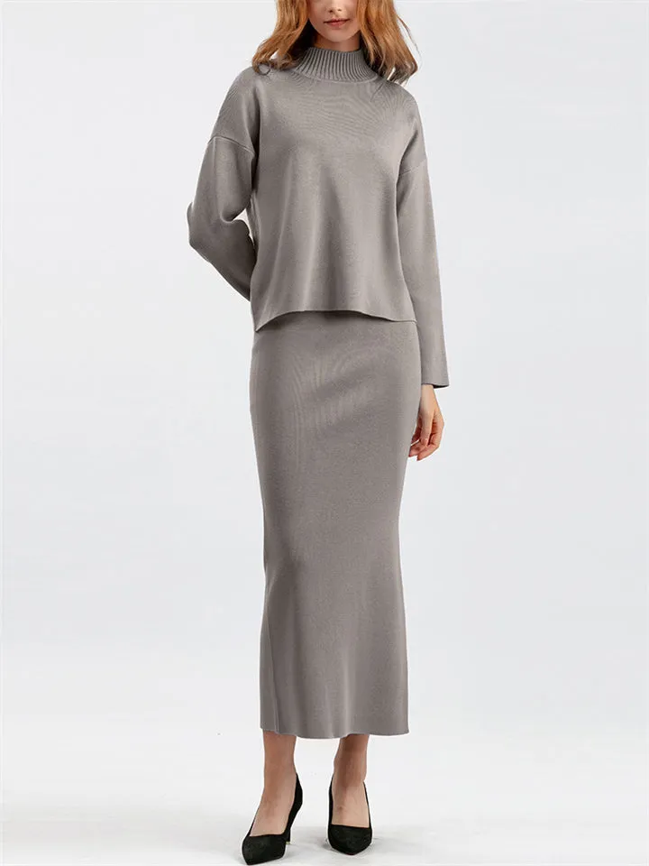 Elegant Crew Neck Knitted Sweater   Side Slit Skirt