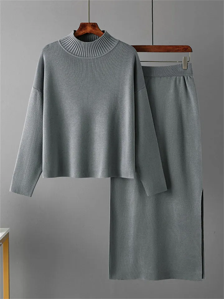 Elegant Crew Neck Knitted Sweater   Side Slit Skirt