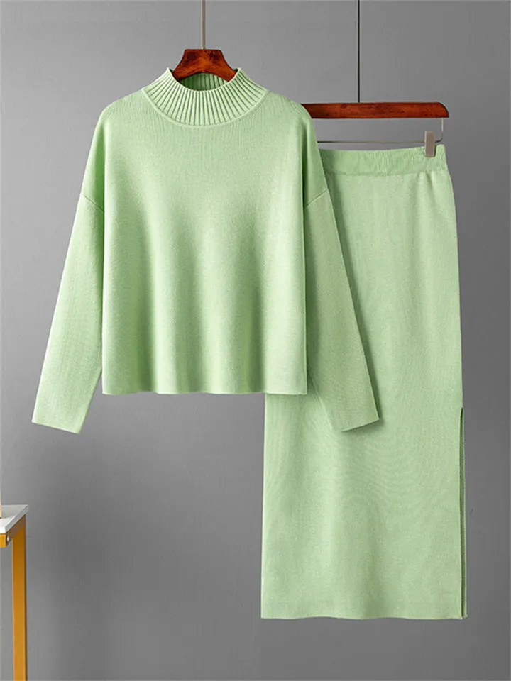 Elegant Crew Neck Knitted Sweater   Side Slit Skirt