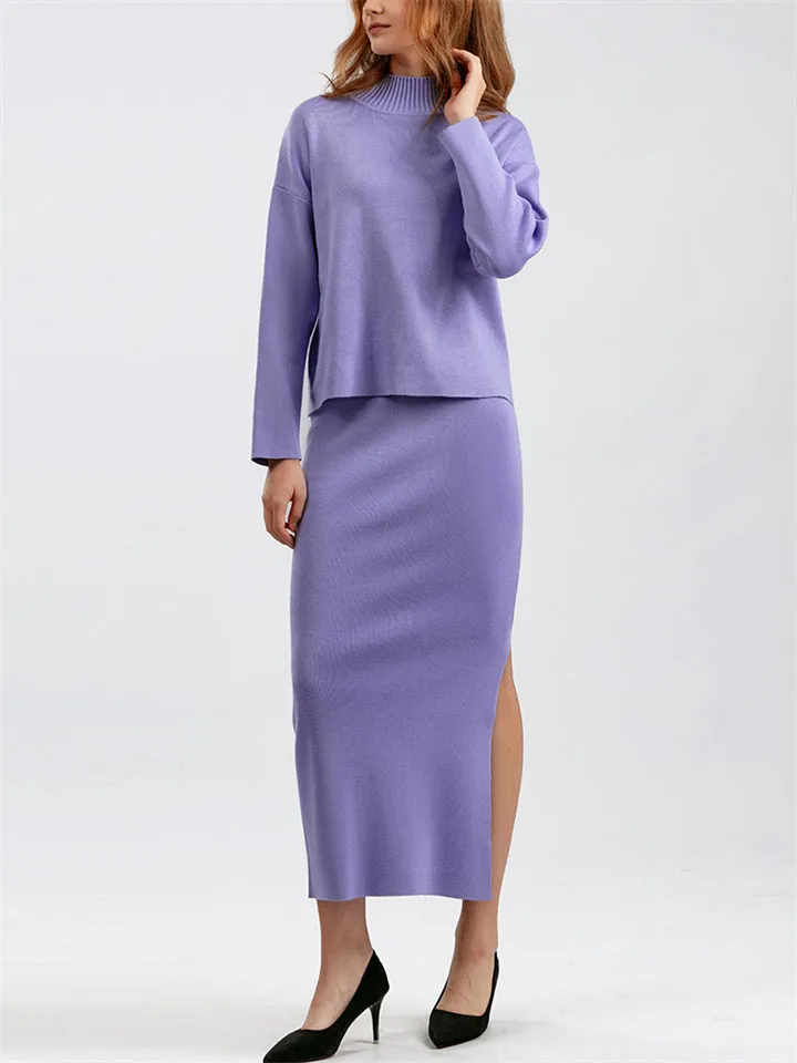 Elegant Crew Neck Knitted Sweater   Side Slit Skirt