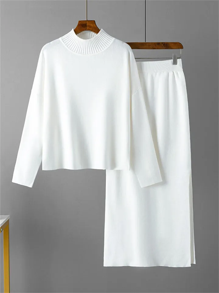 Elegant Crew Neck Knitted Sweater   Side Slit Skirt
