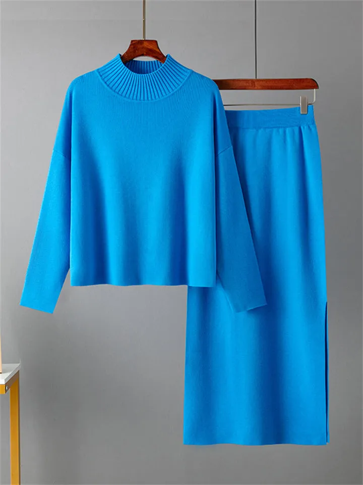 Elegant Crew Neck Knitted Sweater   Side Slit Skirt