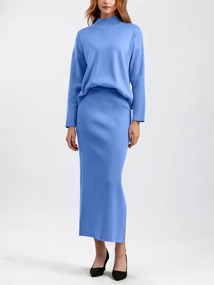 Elegant Crew Neck Knitted Sweater   Side Slit Skirt