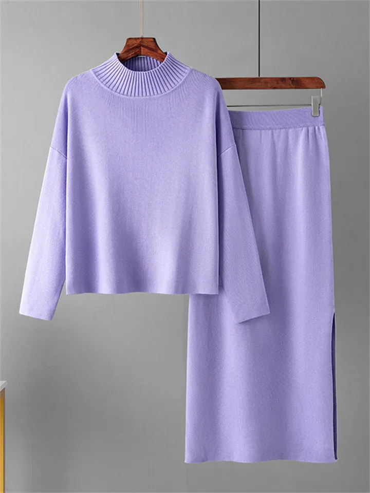 Elegant Crew Neck Knitted Sweater   Side Slit Skirt
