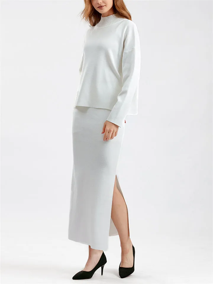 Elegant Crew Neck Knitted Sweater   Side Slit Skirt