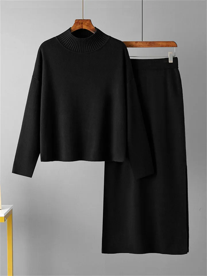 Elegant Crew Neck Knitted Sweater   Side Slit Skirt