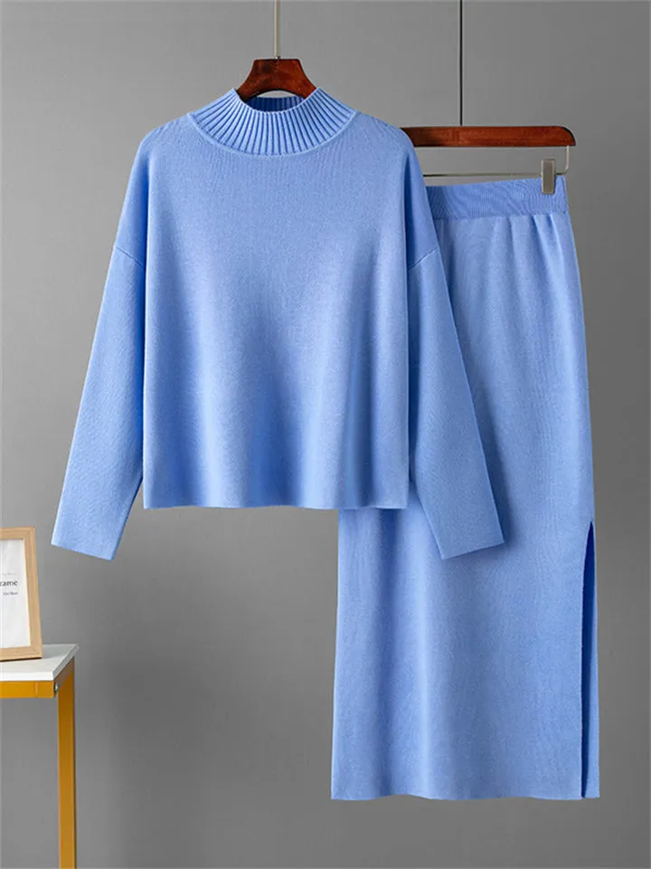 Elegant Crew Neck Knitted Sweater   Side Slit Skirt