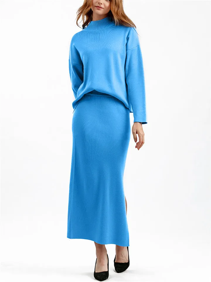 Elegant Crew Neck Knitted Sweater   Side Slit Skirt