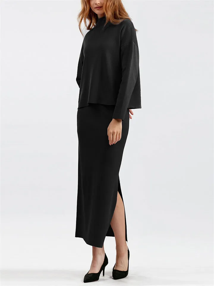 Elegant Crew Neck Knitted Sweater   Side Slit Skirt