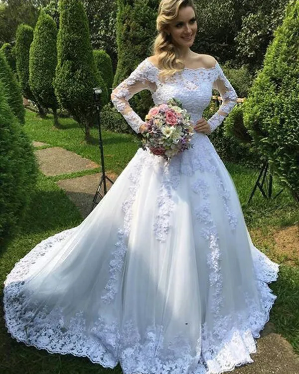 Elegant Lace Long Sleeves Wedding Dresses Appliques Beaded New 2019 Bridal Gowns