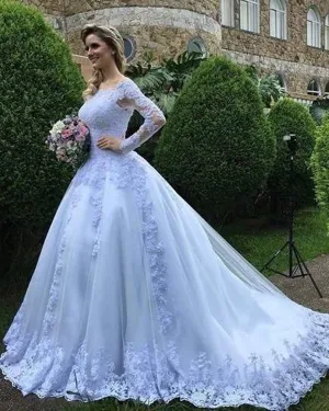 Elegant Lace Long Sleeves Wedding Dresses Appliques Beaded New 2019 Bridal Gowns