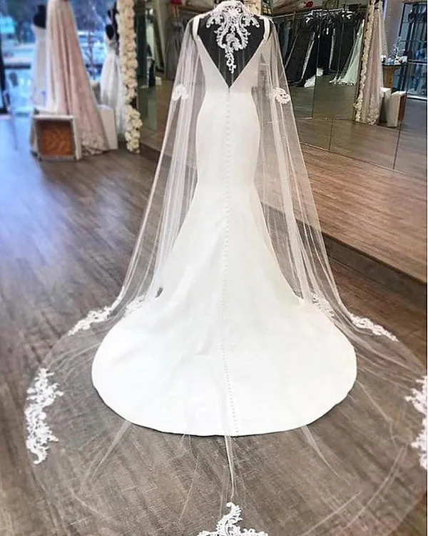 Elegant Satin & Tulle V-neck Lace Appliques Mermaid Wedding Dress With Shawl Perfect Beach Wedding Gown