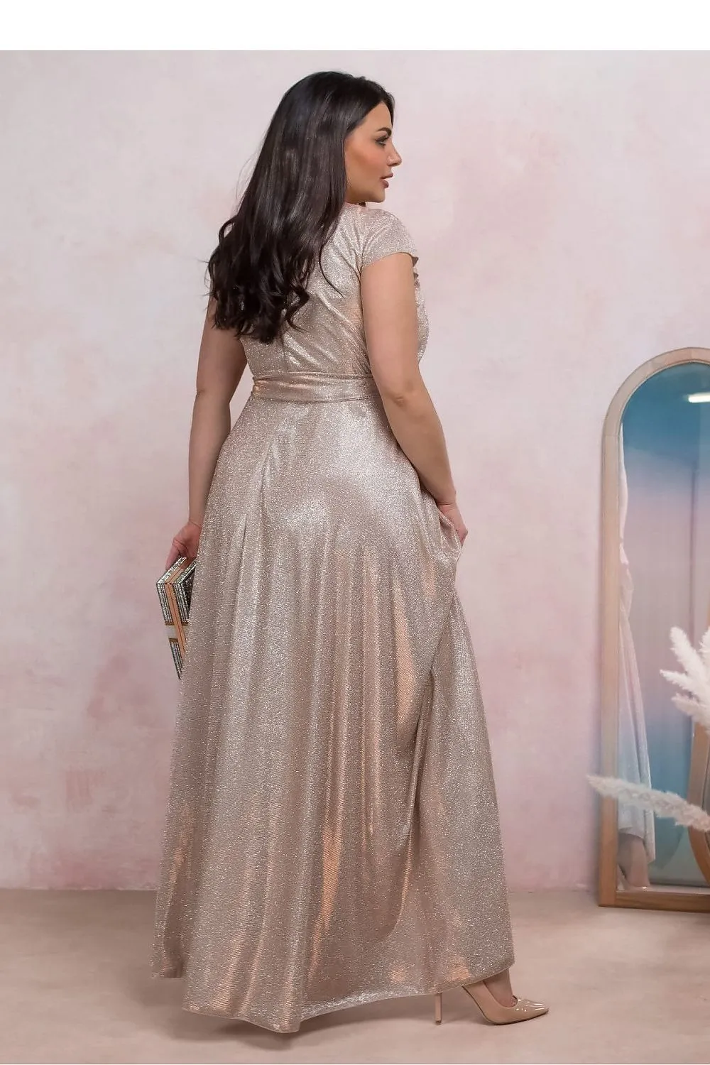 Elegant Shimmer Wrap Dress – Dirty Pink Glamour with Waist Tie & Slit