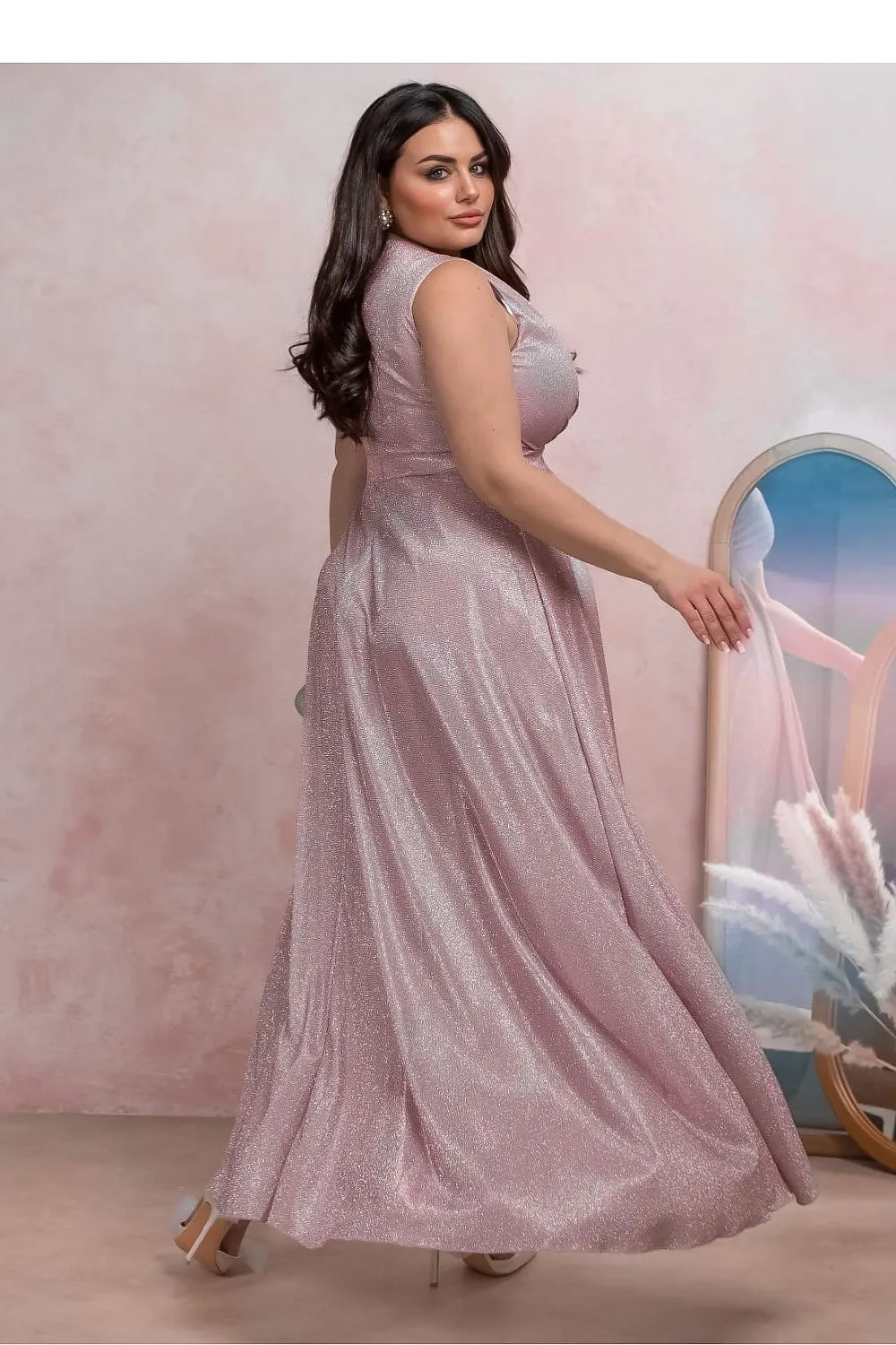 Elegant Shimmer Wrap Dress – Dirty Pink Glamour with Waist Tie & Slit