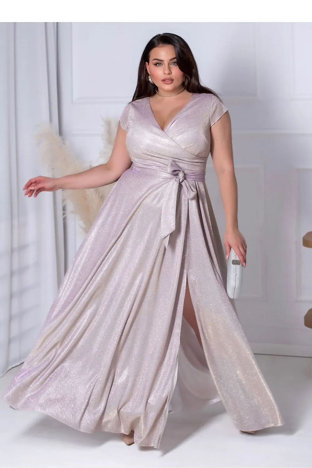 Elegant Shimmer Wrap Dress – Dirty Pink Glamour with Waist Tie & Slit