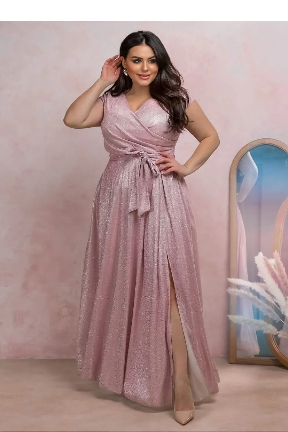 Elegant Shimmer Wrap Dress – Dirty Pink Glamour with Waist Tie & Slit