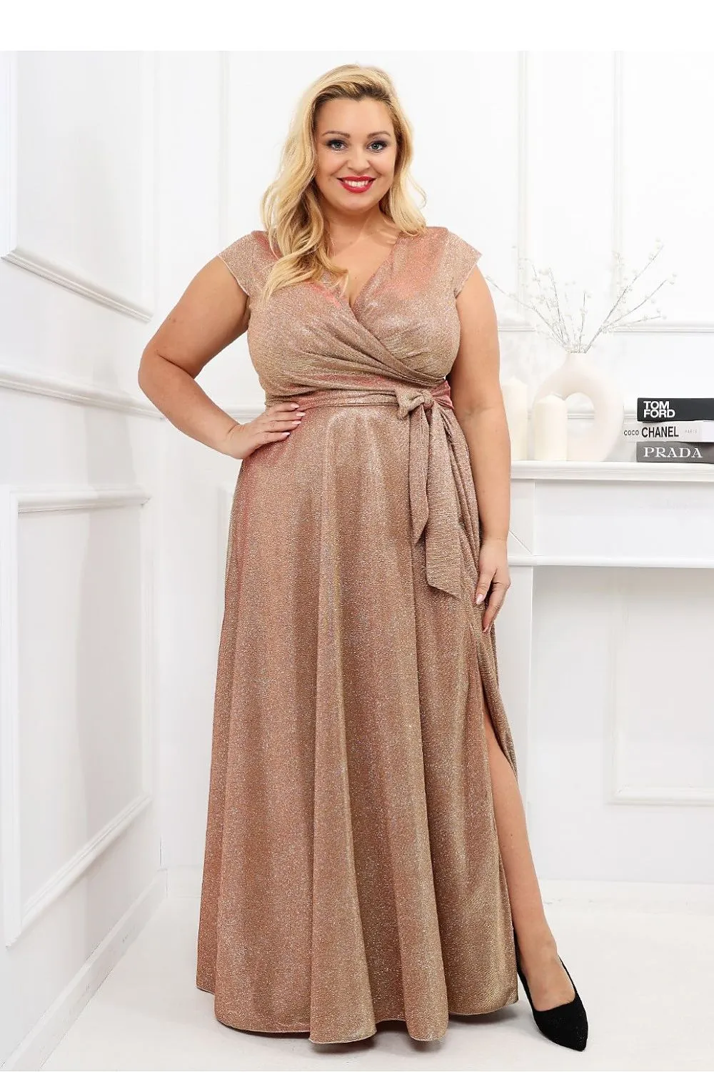 Elegant Shimmer Wrap Dress – Dirty Pink Glamour with Waist Tie & Slit