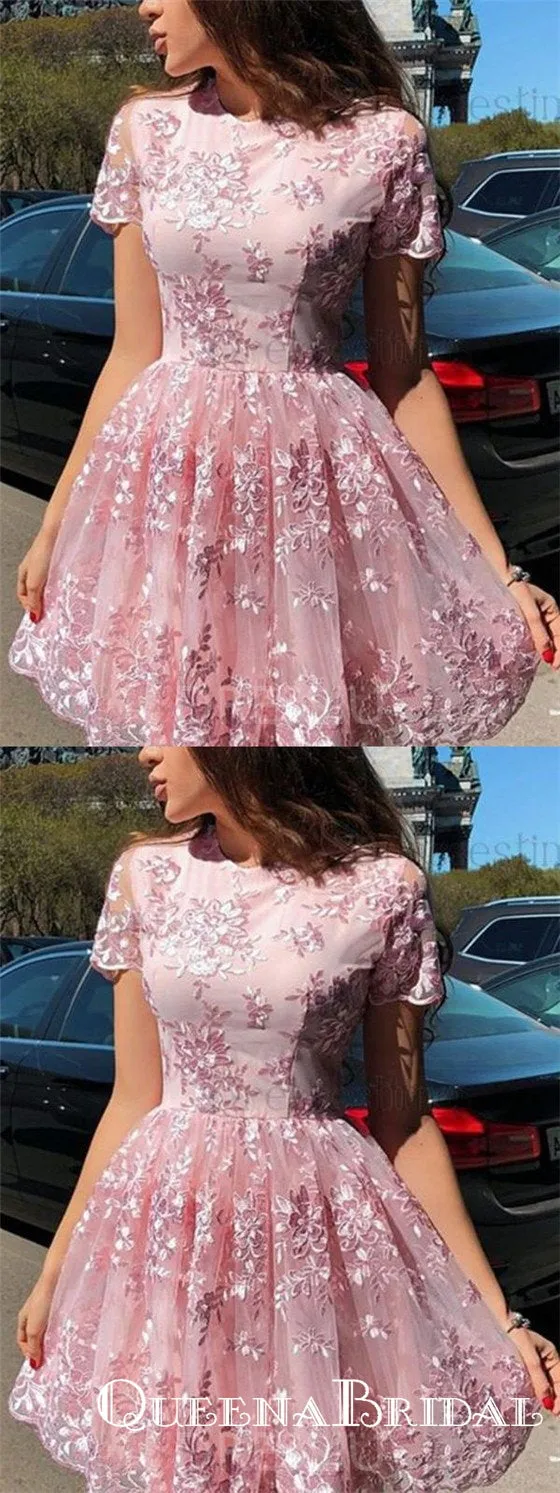 Elegant Short Sleeve Pink Lace Mini Party Gowns Homecoming Dresses, QB0839