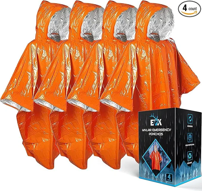 ELK Emergency Poncho 4-Pack - Heat Retention, Mylar Reversible Thermal Raincoat Blanket, Reflective for Increased Visibility - Outdoor Camping Survival Gear