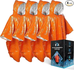 ELK Emergency Poncho 4-Pack - Heat Retention, Mylar Reversible Thermal Raincoat Blanket, Reflective for Increased Visibility - Outdoor Camping Survival Gear