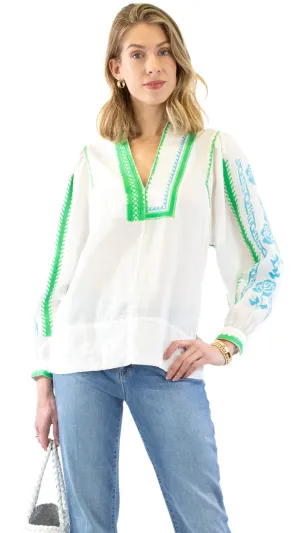 Embroidered Blouse - White / Green and Blue