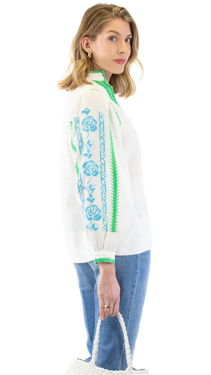 Embroidered Blouse - White / Green and Blue