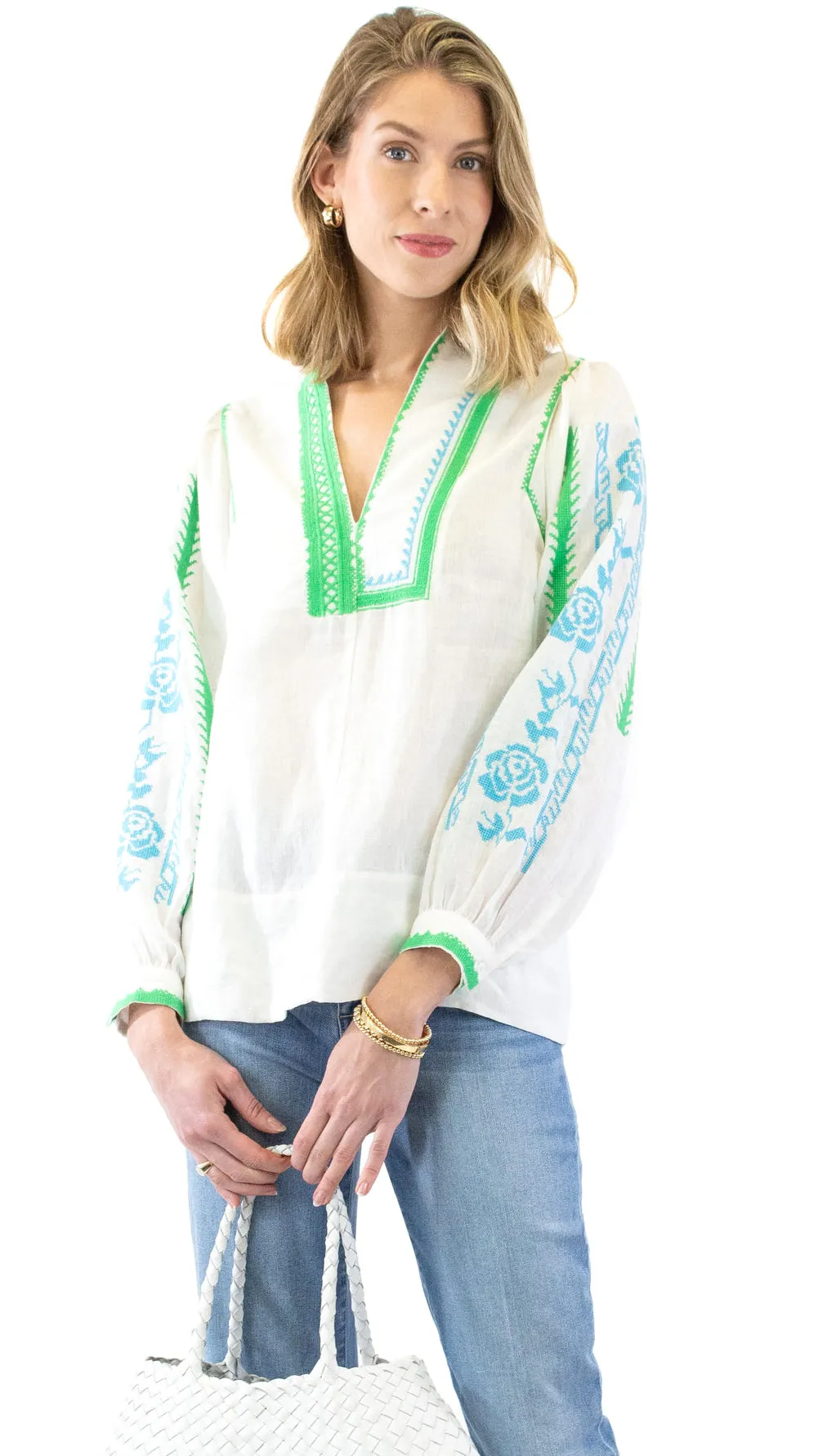 Embroidered Blouse - White / Green and Blue
