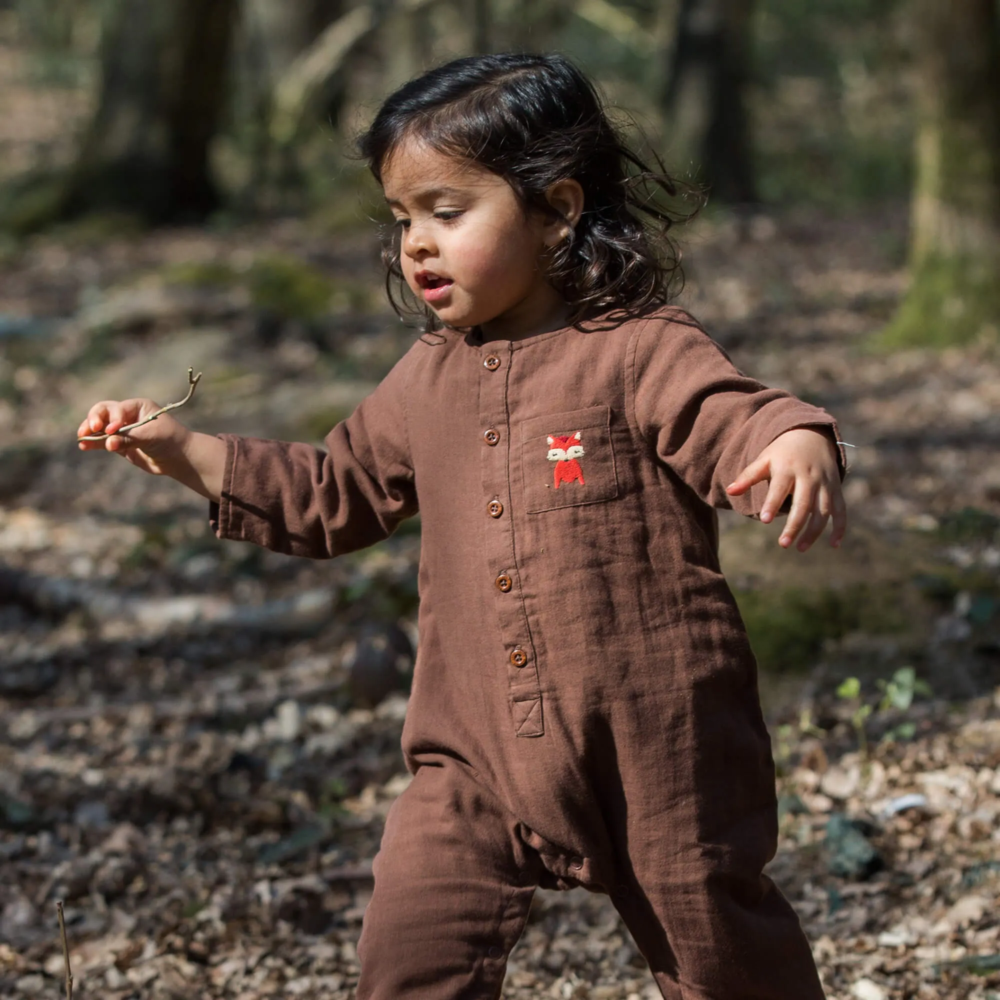 Embroidered Fox Organic Long Sleeve Jumpsuit
