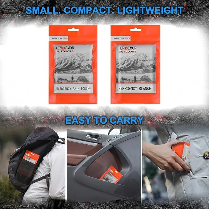 Emergency Poncho (4 Pack), Emergency Blanket (2 Pack) with Mylar Blanket Liner, Much Larger and Thicker Survival Blanket