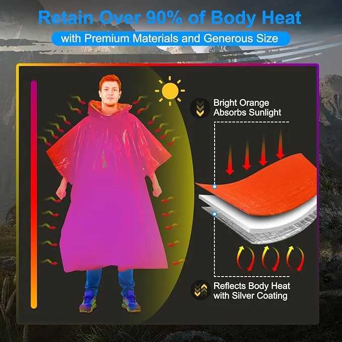 Emergency Poncho (4 Pack), Emergency Blanket (2 Pack) with Mylar Blanket Liner, Much Larger and Thicker Survival Blanket