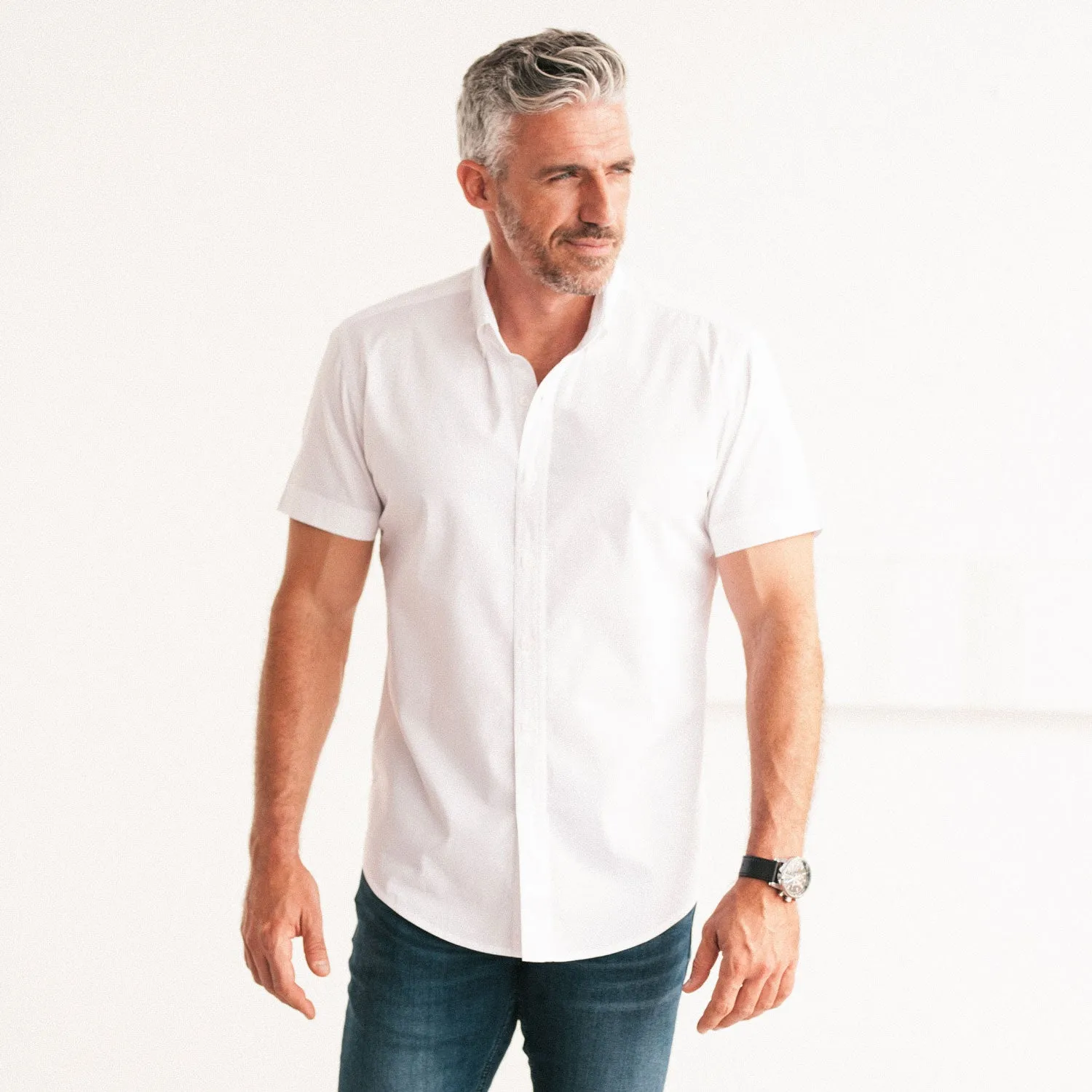 Essential Button Down Collar Casual Short Sleeve Shirt - White Cotton Twill