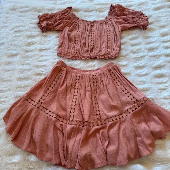 Eyelet Off the Shoulder Crop Top &amp; Skirt Set