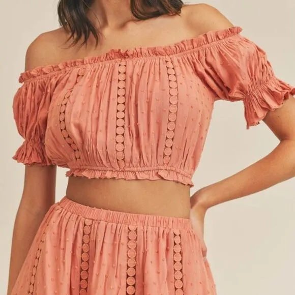 Eyelet Off the Shoulder Crop Top &amp; Skirt Set