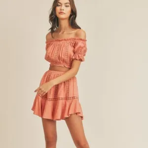 Eyelet Off the Shoulder Crop Top &amp; Skirt Set