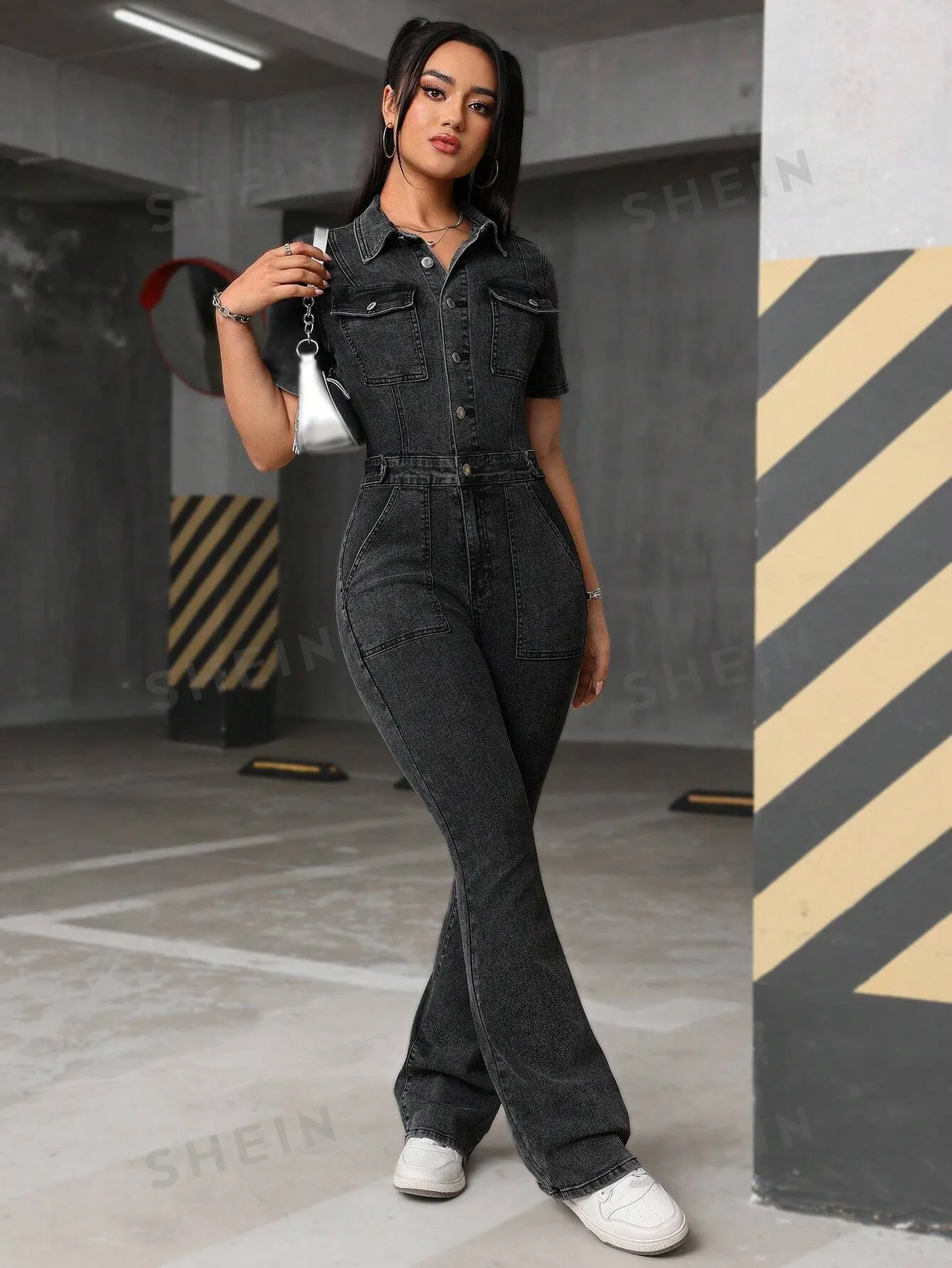EZwear Short Sleeve Button Front Pocket Simple Casual Denim Jumpsuit